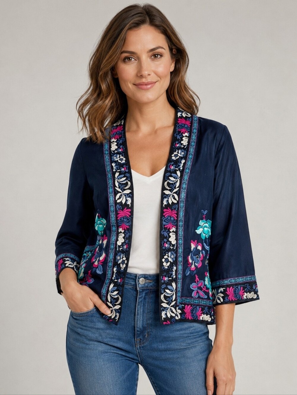 Monsoon Embroidered Floral Open Front Jacket Navy Size US 6